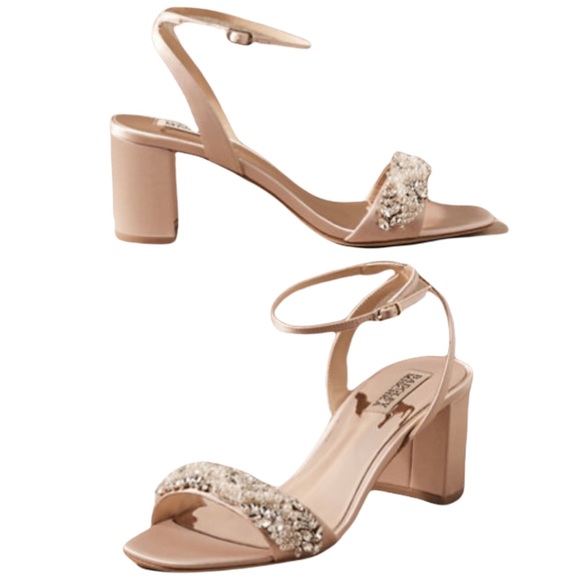 New Badgley Mischka x BHLDN Clara 7.5 Pink Rhinestone Pearl Beads Satin Heels - Picture 5 of 5
